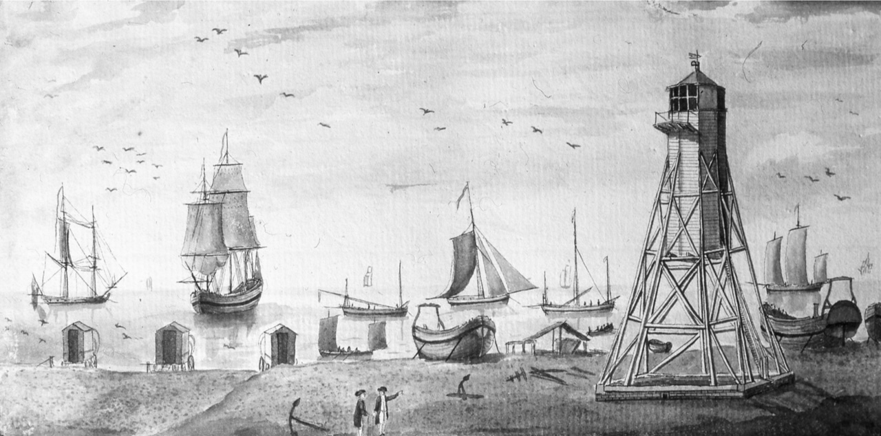 Richard Powles ink-and-wash study of the Lowlight (1784), showing trading vessels, three-masted fishing great boats, and the single-masted revenue cutter “Argus” - all lying offshore. Two great boats undergoing construction or repair also visible on the beach. Suffolk Archives (Ipswich), 193/2/1 - the Isaac Gillngwater collection of local illustrations