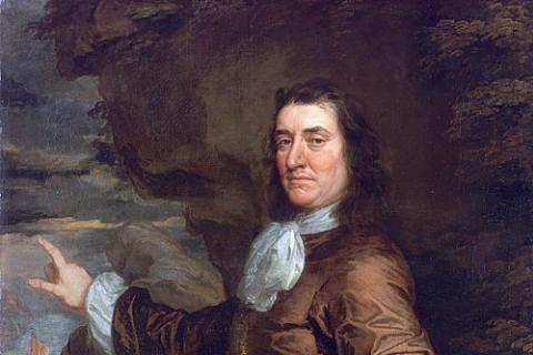 Sir Thomas Allin, Vice-Admiral of the Red, as depicted by Peter Lely in his “The Flagmen of Lowestoft” - a series of  thirteen portraits of leading Naval commanders involved in the Battle of Lowestoft victory over the Dutch (13 June 1665). Allin's ship, the “Plymouth", is shown flying its red flag below his right hand. Samuel Pepys. saw the overall work of portraiture under way in Lely's studio during April 1666