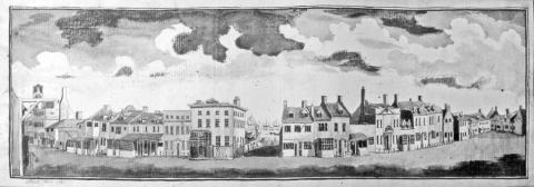  Richard Powles’s ink-and-wash view of the High Street in 1784, looking straight down Crown Score. Note the humber of premises with shop fronts. The inn sign on the left, with its portrait of Queen Anne (reigned 1702-14) advertised the “Queen’s Head” premises, halfway down Tyler’s Lane (Compass Street) on the south side. Taken from the Isaac Gillingwater collection of illustrations (c. 1807): Suffolk Archives (Ipswich), 192/3/1.